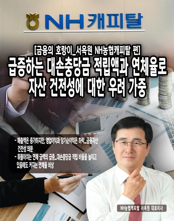 NH농협캐피탈의 매출액은 매년 상승하는 모습이지만, 영업이익과 당기순이익은 2021년 이후로 하락하고 있다. 또한 매출액의 성장세를 상회하는 연체 금액의 상승률로 인하여 자산 건전성은 뒷전으로 제쳐둔 것 아니냐는 부정적인 의견도 제기되고 있다.[본문 중에서]