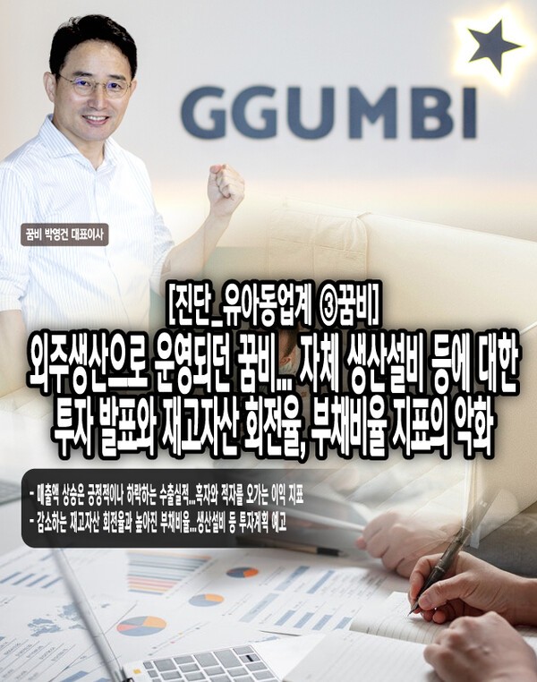 꿈비의 매출액 흐름세는 유의미한 상승세를 보여주고 있다. 꾸준히 상승하는 내수시장 이외에도 해외시장 공략을 적극적으로 하고 있으나, 이러한 노력이 무색하게도 수출 실적은 급감하고 있다. [본문 중에서]