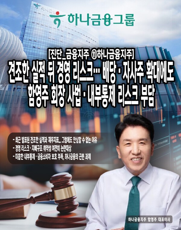 하나금융지주는 현재의 재무적 건전성과 주주환원 정책 상으로만 봤을 때, 분명한 단기적 투자 매력이 존재한다. 그러나 경영진 관련 경영·지배구조 문제와 내부통제 반복 사고는 ‘평판·규제’ 측면에서 실적을 훼손시킬 수 있는 위험으로 인식되기에 충분하다. [본문 중에서]