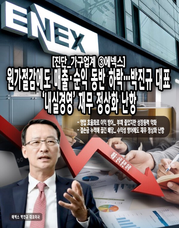 국내 가구 기업 에넥스가 2025년 상반기 실적에서 매출 감소와 성장 동력 약화를 동시에 드러냈다. 건설경기 부진으로 주력인 B2B 매출이 위축됐고, 고금리·고물가 환경은 소비자들의 지갑을 닫아 B2C 수요 확대에도 제동이 걸렸다. [본문 중에서]